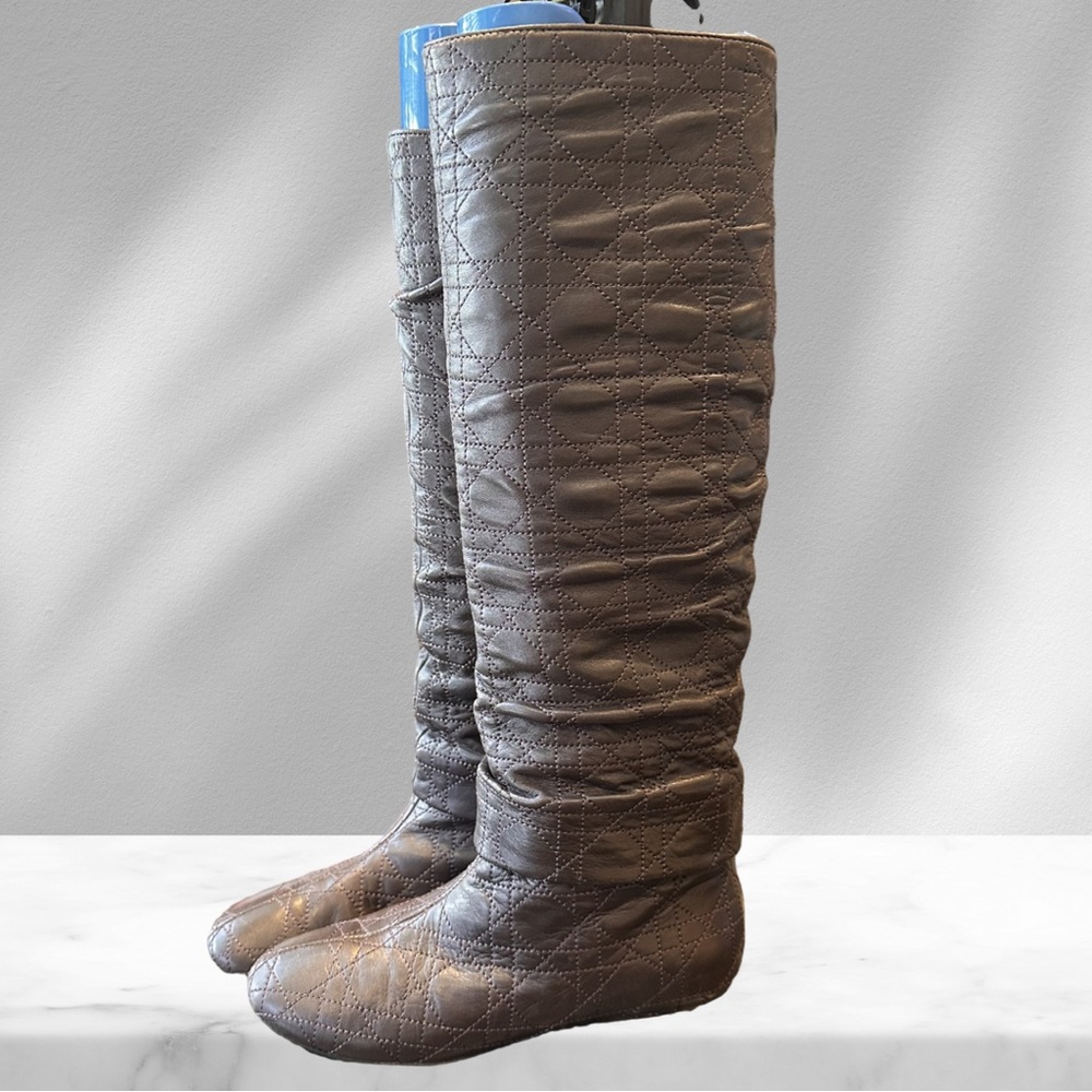 Christian Dior Cannage Quilted Brown Knee High Boots 35 1/2 - Picture 2 of 13